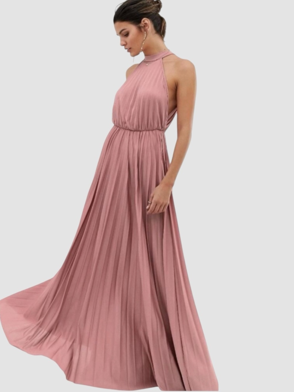 Asos Blush Pink Rose Pleated Halter Maxi Dress Gown Size 12 - Picture 1 of 9